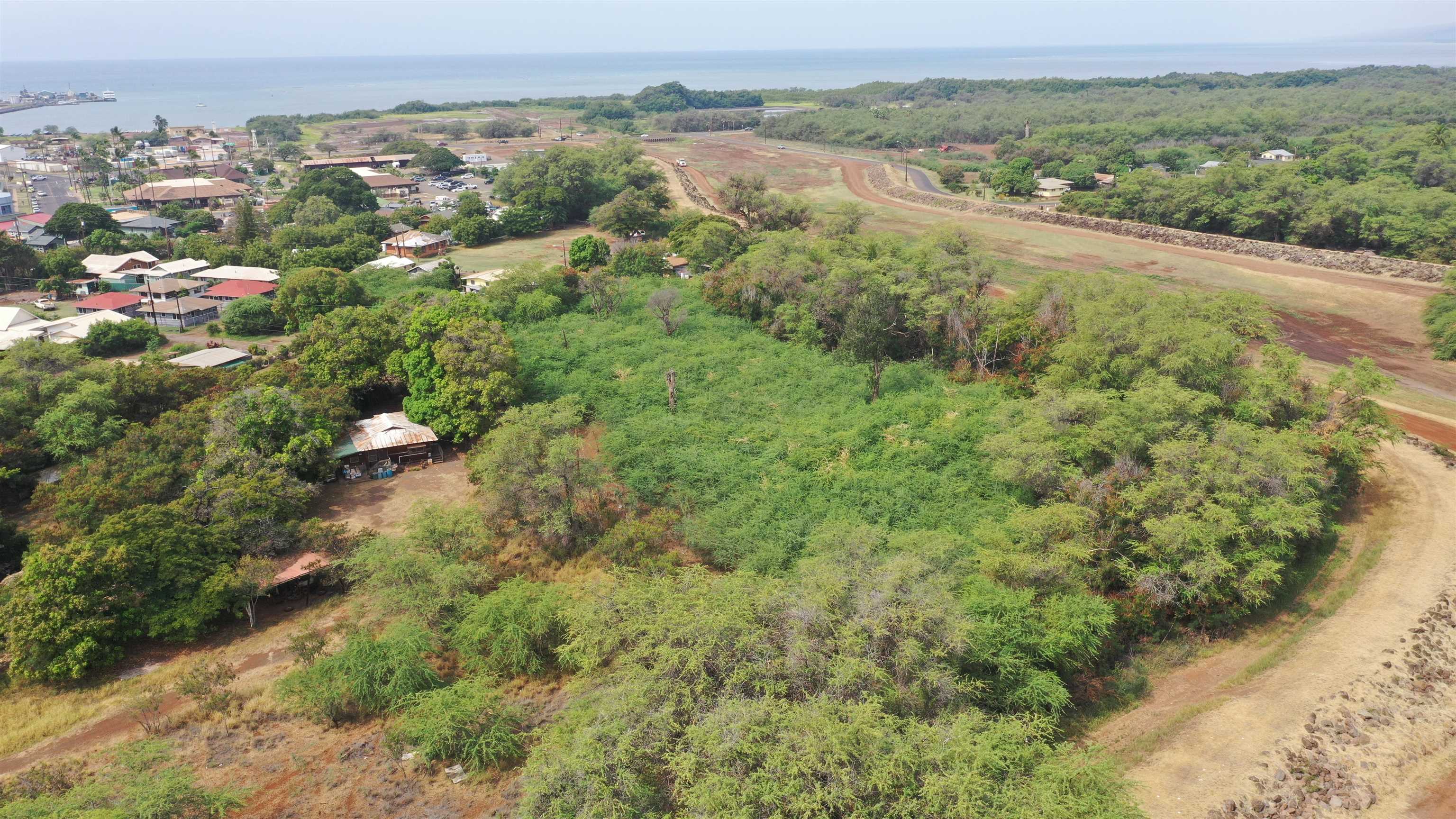 an aerial view of residential houses with outdoor space and trees