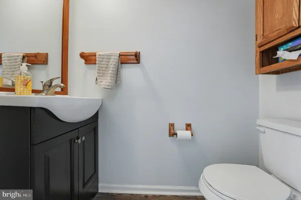 a bathroom with a sink a toilet and a shower curtain