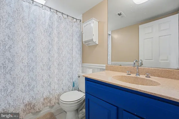 a bathroom with a sink a toilet and shower curtain