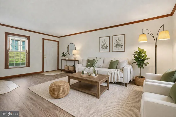 a living room with furniture and a potted plant