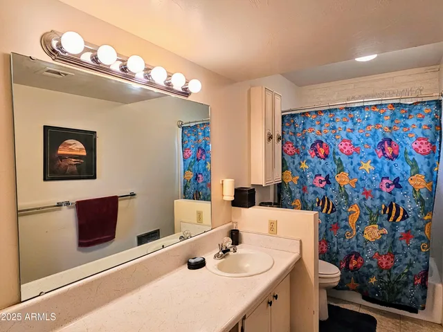 a bathroom with a sink a vanity and a large mirror