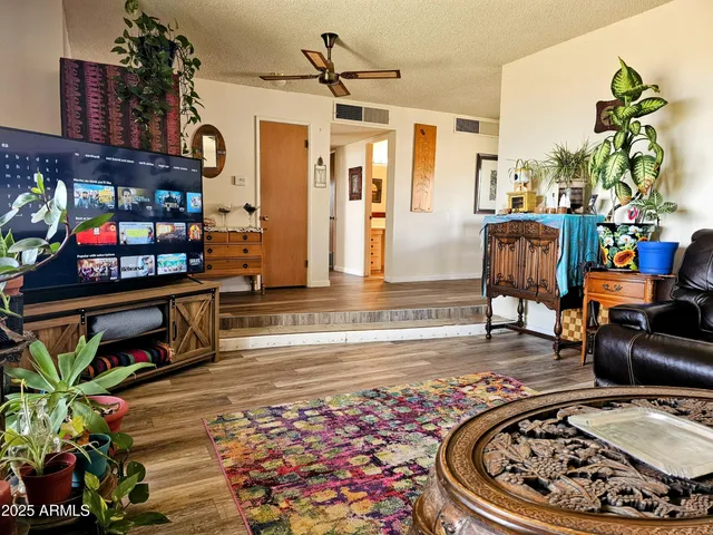 a living room with furniture and a potted plant