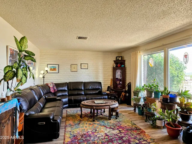a living room with furniture and a potted plant