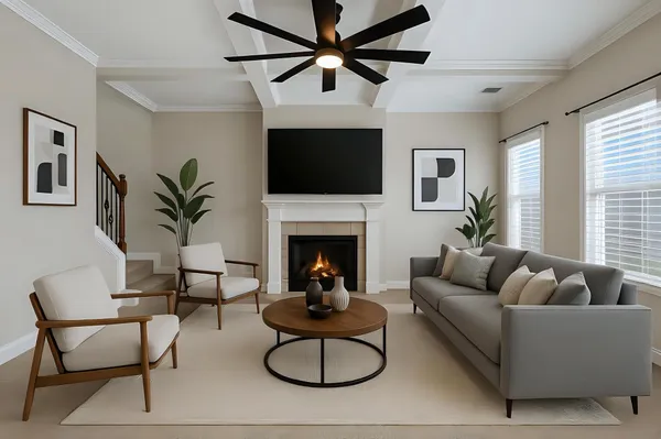 a living room with furniture and a fireplace