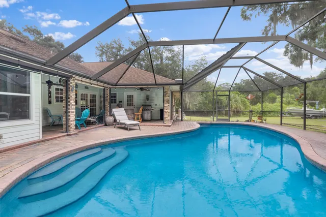 a view of a yard with large trees and plants
