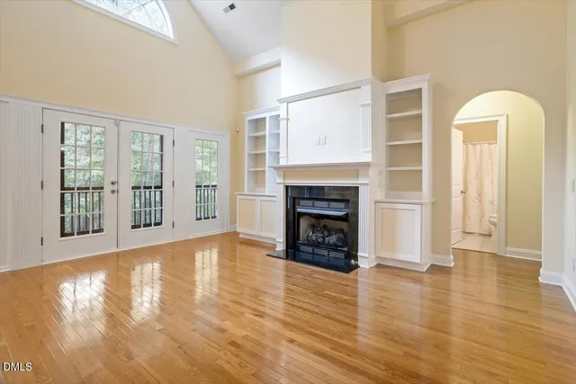 a living room with a fireplace