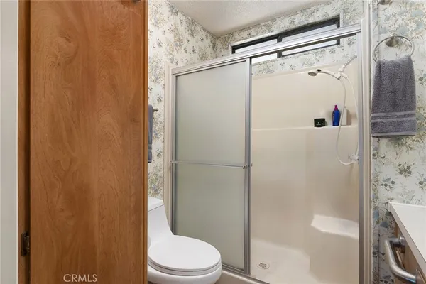 a bathroom with a shower and a toilet