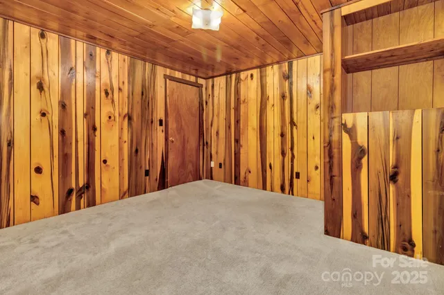 a view of a room with wooden walls