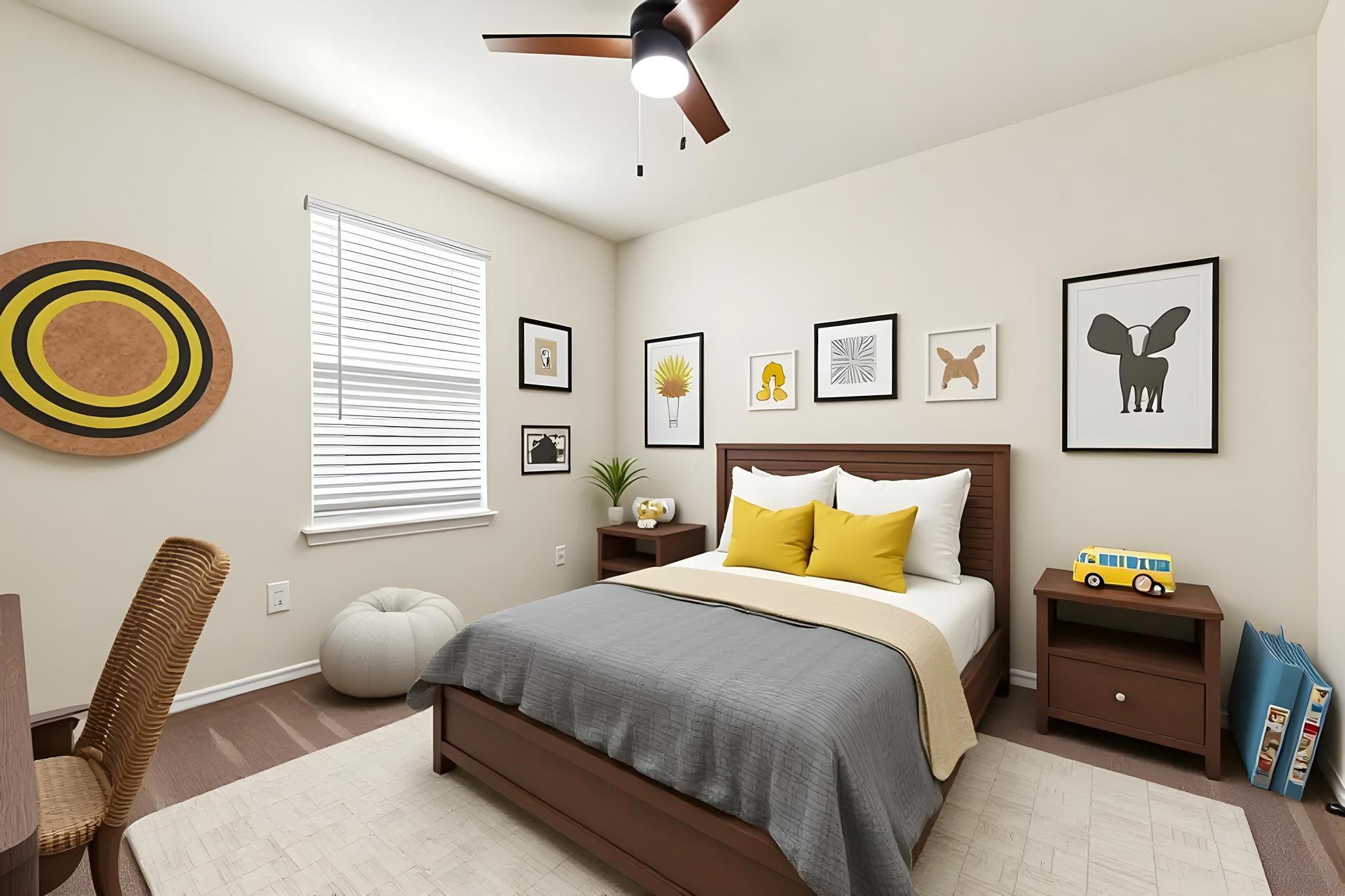 217 Innisfree Road Jarrell, TX 76537 - Photo 29 of 39 A well-lit bedroom features plush carpeting, a modern ceiling fan, and ample space for restful sleep and personal style. Virtually Staged