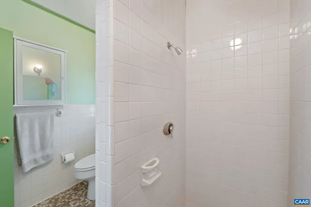a bathroom with a granite countertop toilet and a shower