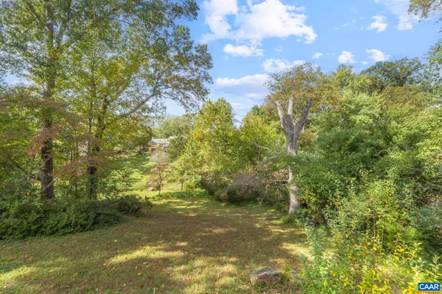 a view of a field with trees in the background