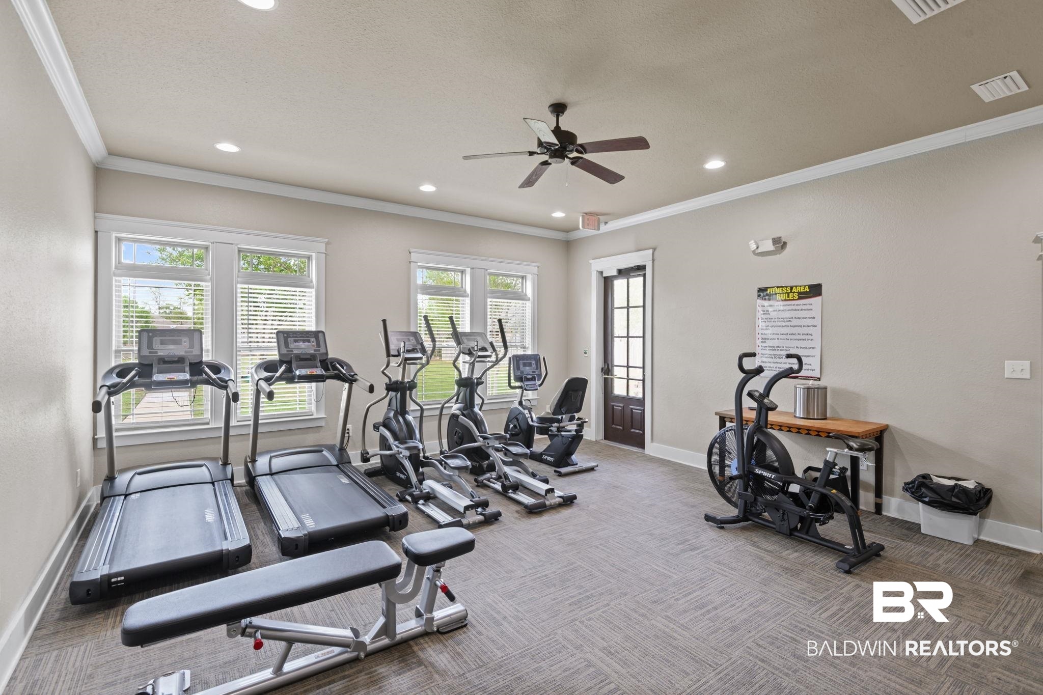 2183 Meadowview Loop Semmes, AL 36575 - Photo 51 of 58 Exercise room featuring a ceiling fan, crown molding, and recessed lighting