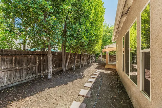 a view of a backyard with large trees and wooden fence