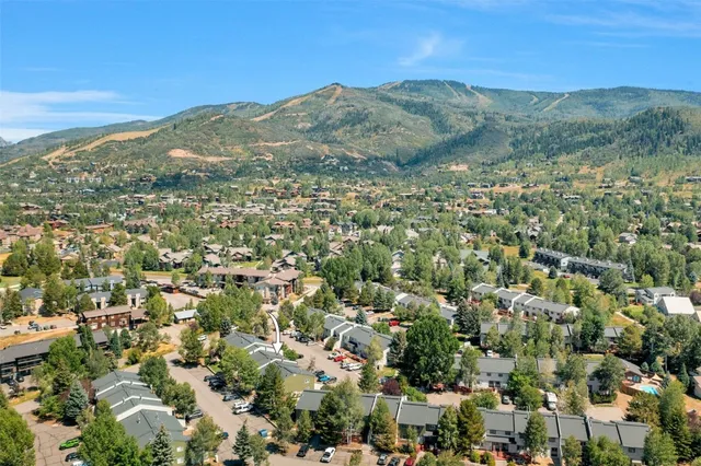 a view of a city with mountains in the background