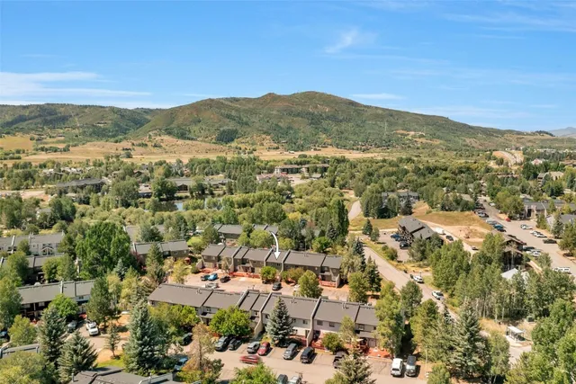an aerial view of residential houses with outdoor space and trees