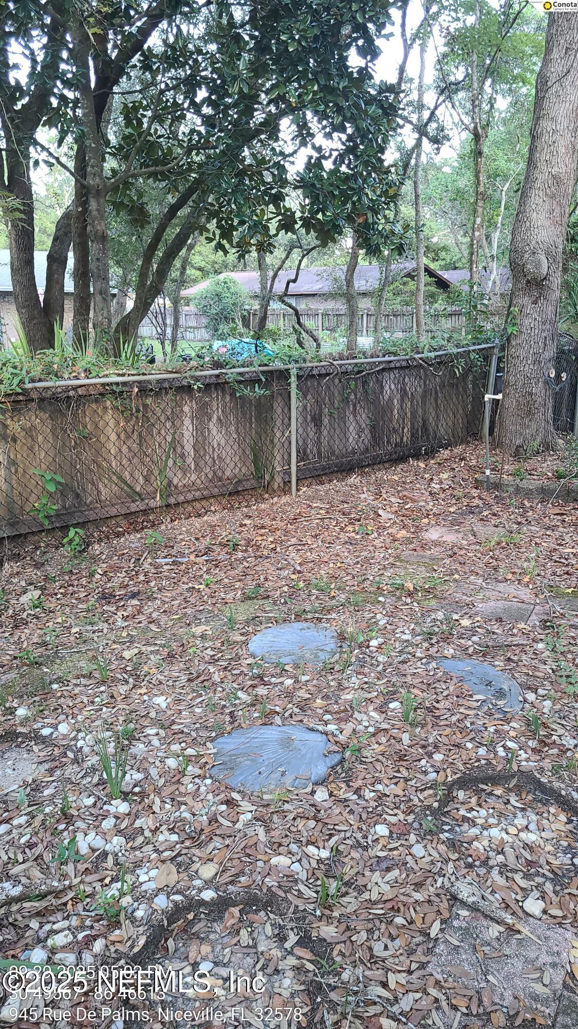 945 Rue De Palms Niceville, FL 32578 - Photo 36 of 37 a view of a backyard with large trees and wooden fence