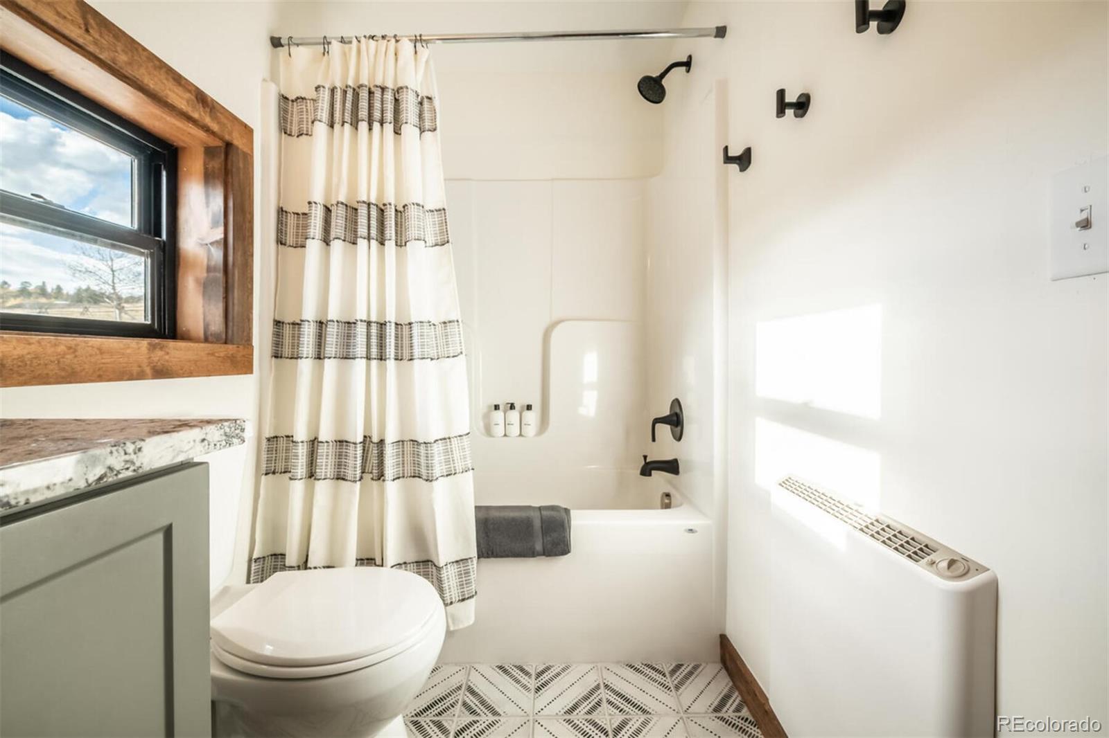 203 High Creek Road Fairplay, CO 80440 - Photo 14 of 30 a bathroom with a granite countertop sink toilet and shower