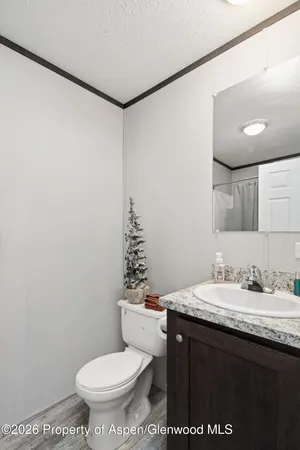 a bathroom with a granite countertop sink toilet and a mirror