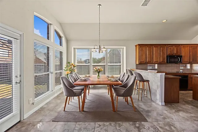 a view of a dining room with furniture window and outside view