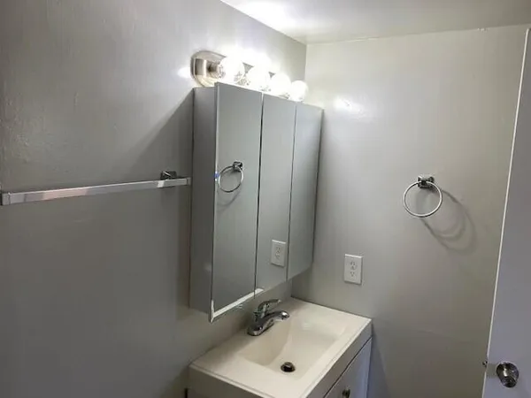 a bathroom with a sink a mirror and shower