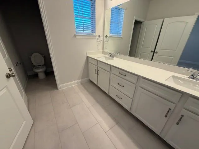 a bathroom with a double vanity sink a toilet and a mirror