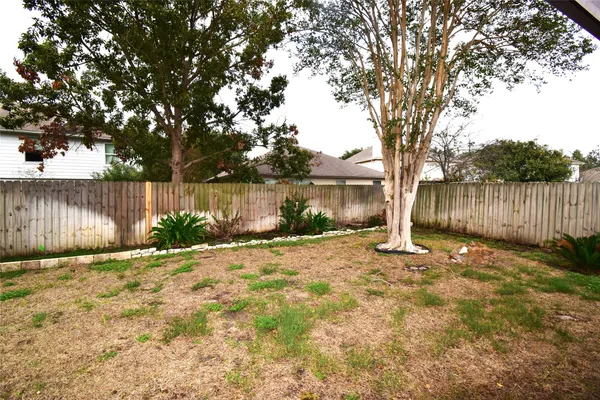 a view of a yard with wooden fence