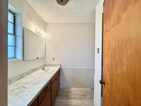a bathroom with a granite countertop sink and a mirror