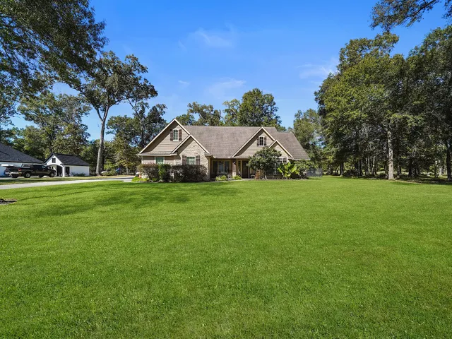 a view of green field with tree in the background
