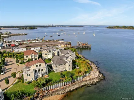 a view of a lake with houses in the back