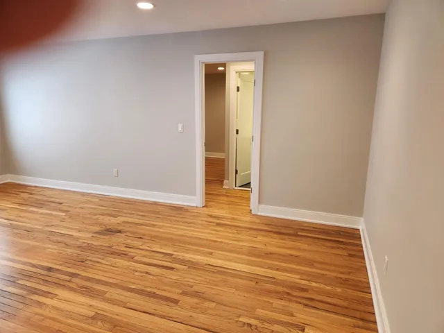 a view of a street with large building