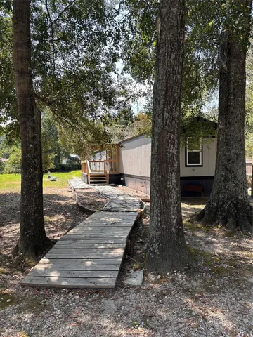 a view of a yard with plants and trees