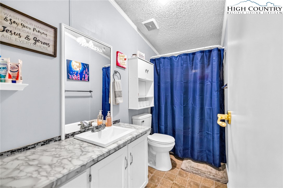 747 Nathans Creek School Road Crumpler, NC 28617 - Photo 25 of 42 a bathroom with a granite countertop sink and a toilet