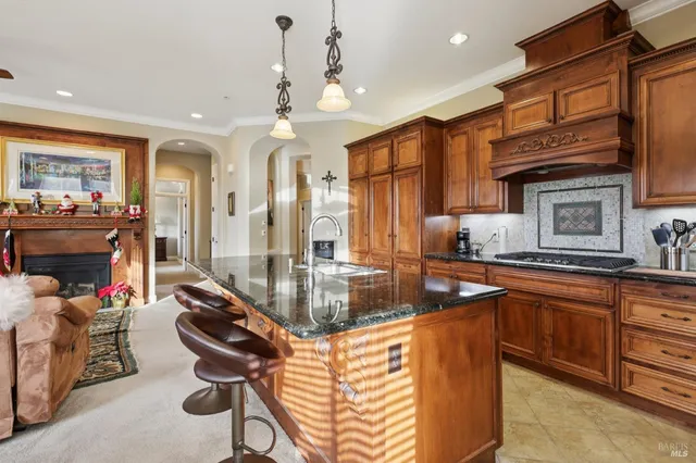 a kitchen with stainless steel appliances granite countertop a sink and a refrigerator
