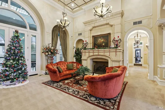 a living room with furniture a fireplace and a potted plant