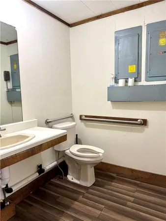 a bathroom with a toilet a sink and mirror