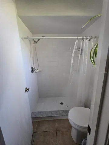 a bathroom with a shower and a toilet