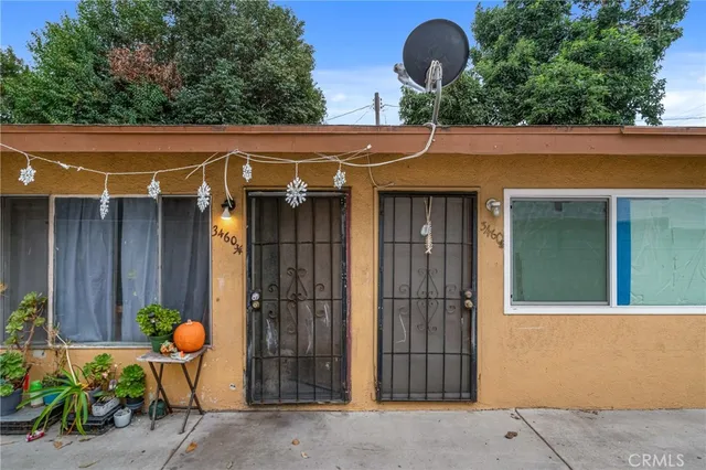 a front view of a house with patio