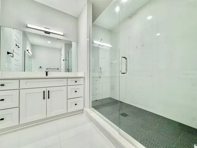 a bathroom with a shower a sink and a mirror