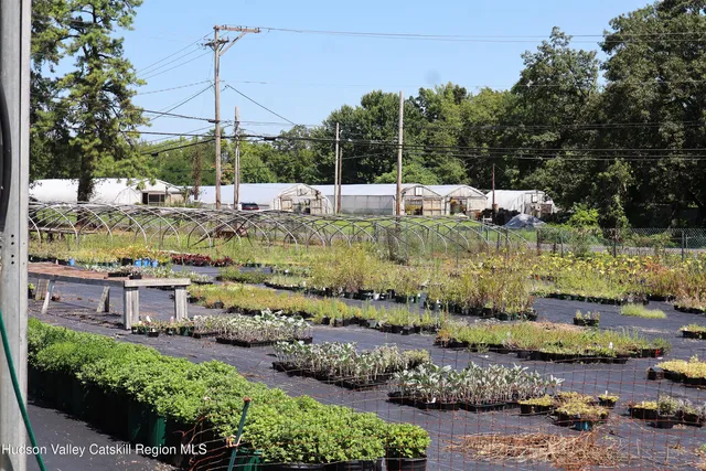 a view of a garden with a sitting area