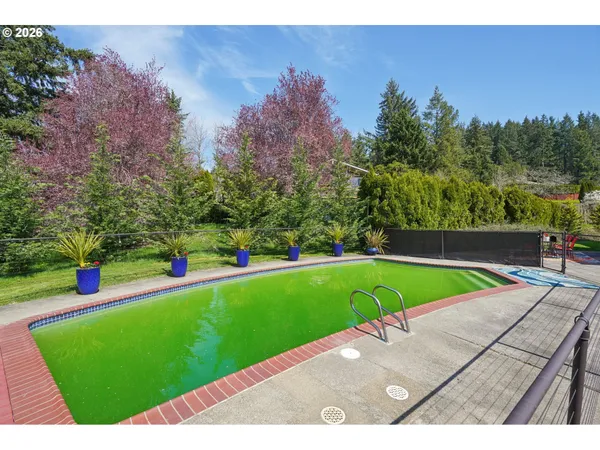 a view of a backyard with swimming pool and trees