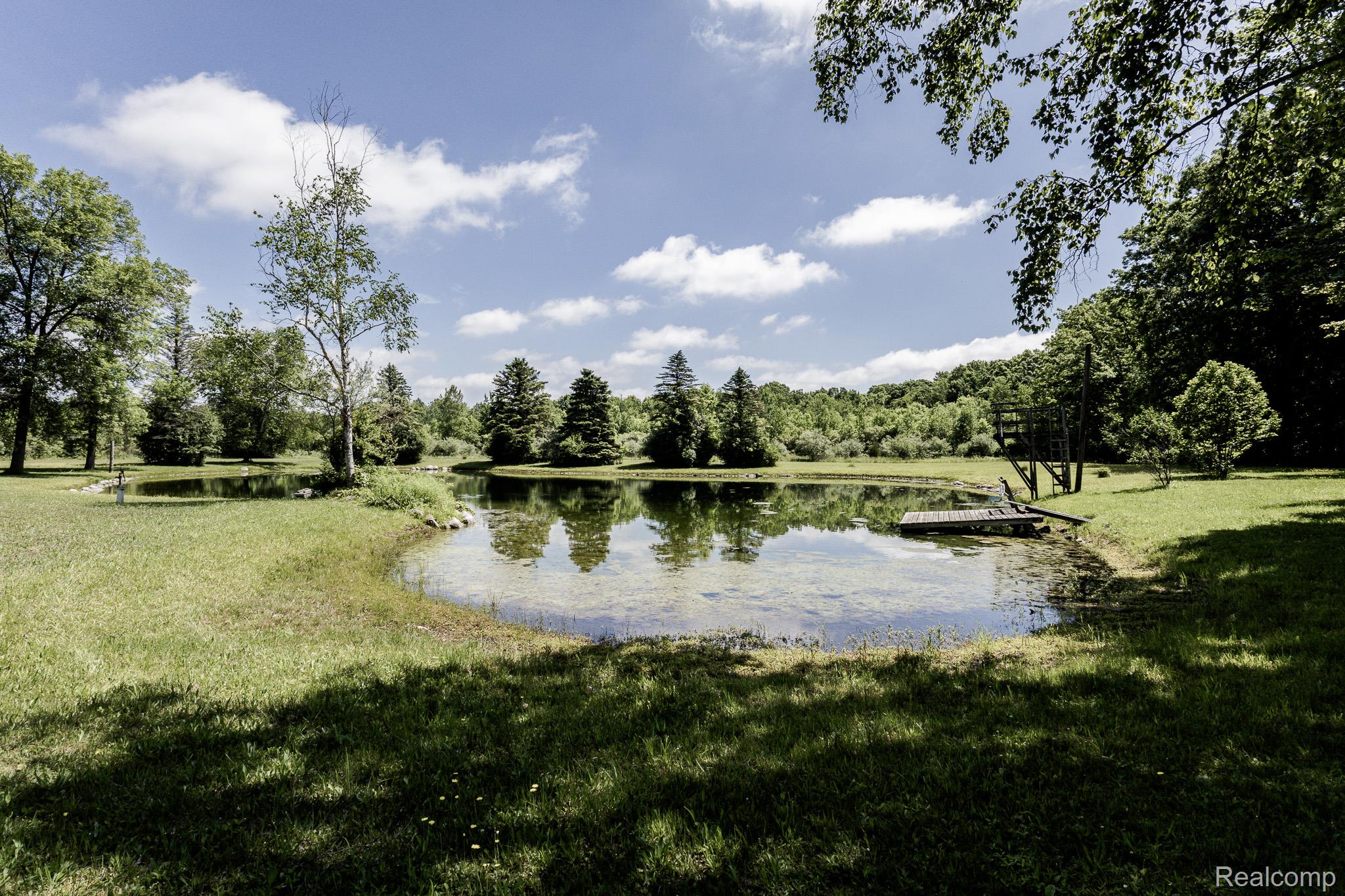 8197 Irish Road Millington, MI 48746 - Photo 3 of 38 Expansive pond with a wooden dock and surrounding mature trees