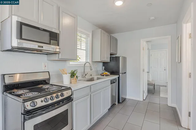 a kitchen with a stove and a microwave