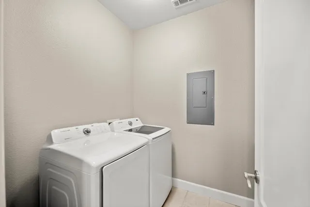 a view of a road with plants and large trees