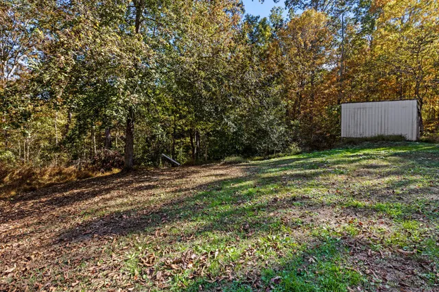 a backyard of a house with wooden fence and large trees