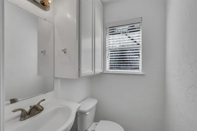 a bathroom with a sink a toilet and a mirror