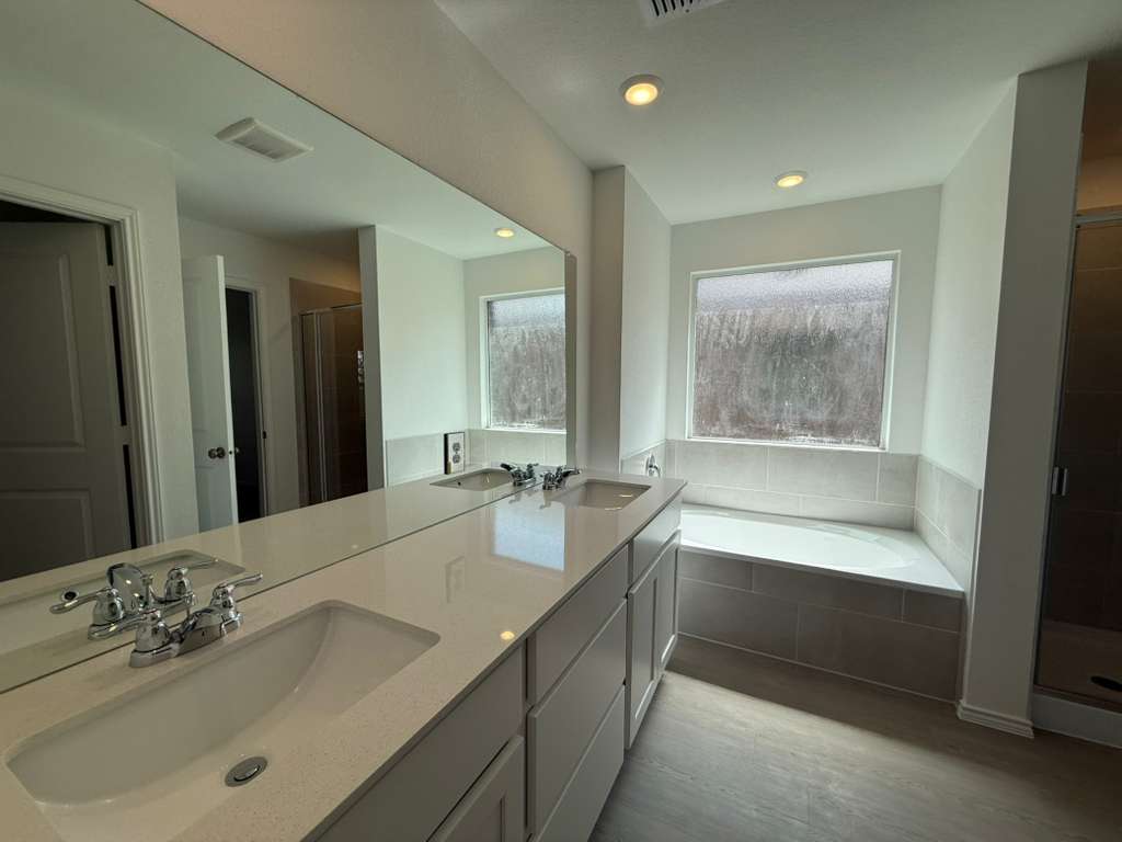 623 Sormonne Loop Kyle, TX 78640 - Photo 26 of 40 Full bathroom with double vanity, a shower stall, a garden tub, light wood finished floors, and recessed lighting