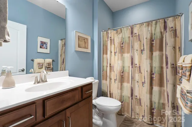 a bathroom with a sink a toilet and shower curtain