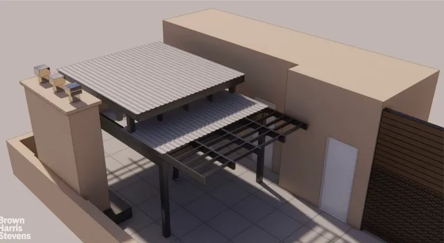 a roof deck with wooden floor