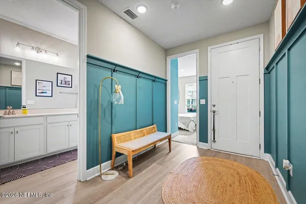 a picture of a bench in front of door