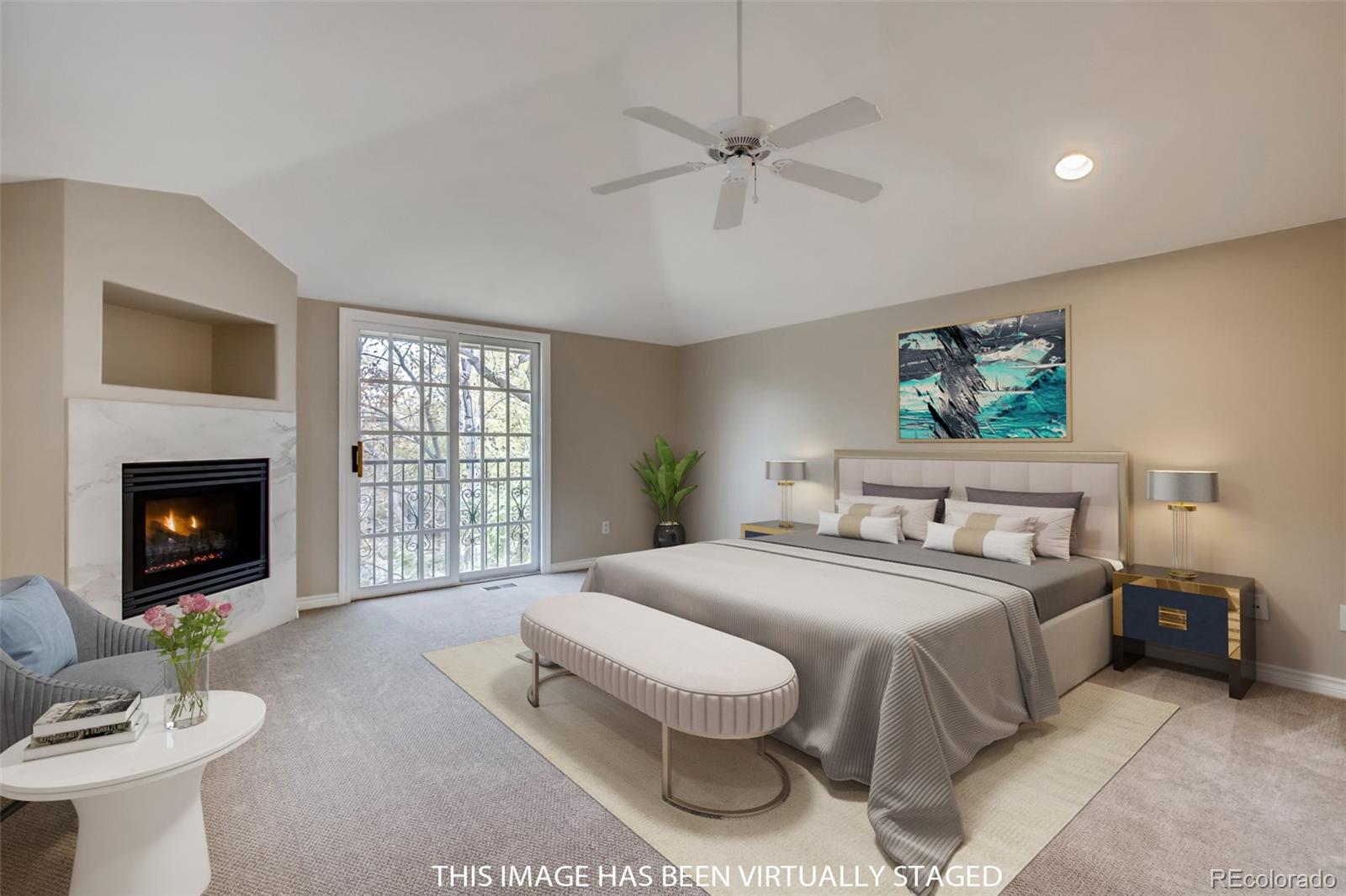 210 Cook Street Denver, CO 80206 - Photo 16 of 34 a bedroom with a bed and a fireplace